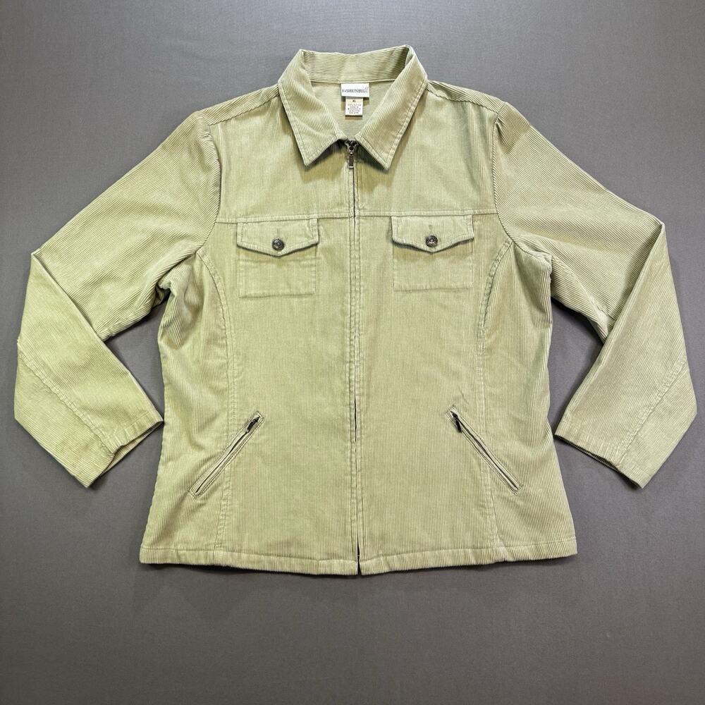 Fashion Bug Women’s Corduroy Jacket Green XL Zip Front Pockets Casual Workwear